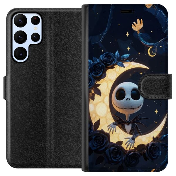 Kompatibelt Plånboksfodral till Samsung Galaxy S22 Ultra 5G Moonlight Skeleton motiv med skelettfigur som sitter på måne omgiven av stjärnor och roso