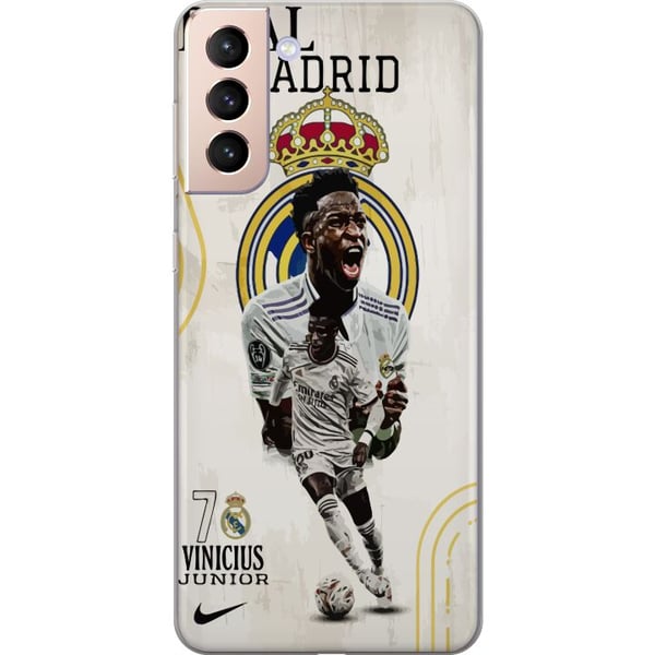 Kompatibelt Mobildeksel til Samsung Galaxy S21 Real Madrid Vinícius Júnior med spiss i trøye nummer 7 klubbmerke hvit kampdrakt energisk positur og k