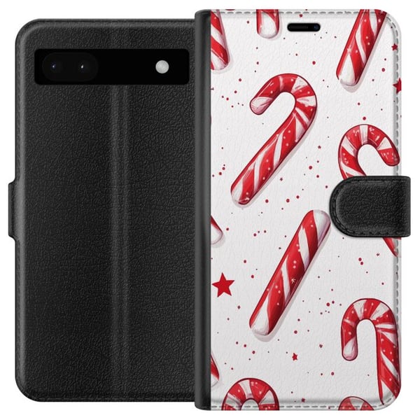 Yhteensopiva Lompakkokotelo Google Pixel 6a Jouluhenkinen kuvio, jossa on karkkikeppejä, tähtiä ja talvisia yksityiskohtia – klassinen ja suosittu ju