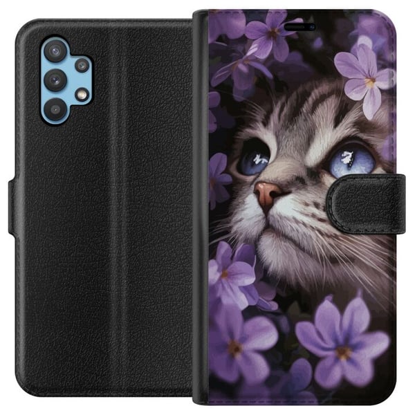Kompatibelt Plånboksfodral till Samsung Galaxy A32 5G Kat och blommor Kompatibelt Plånboksfodral till Samsung Galaxy A32 5G Kat och blommor