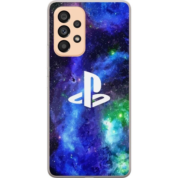 Kompatibelt Mobildeksel til Samsung Galaxy A53 5G PlayStation-logo mot galaksebakgrunn kosmisk gamingdesign for gamere og konsollfans