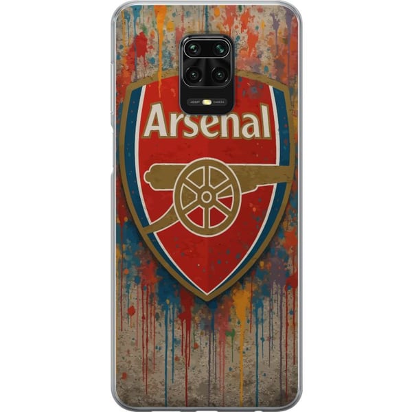 Kompatibel Mobilcover til Xiaomi Redmi Note 9S Arsenal-kunstmotiv i rødt og hvidt med farvestænk, perfekt til fodboldfans, der elsker kunst og sports