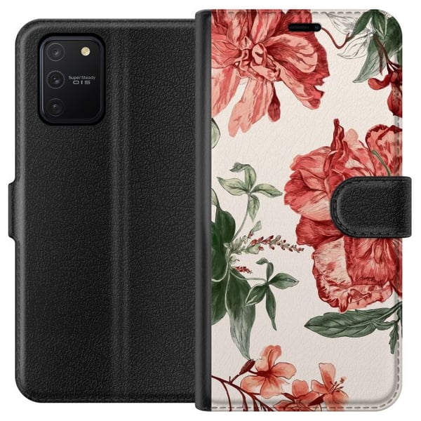 Kompatibelt Lommeboketui til Samsung Galaxy S10 Lite Røde blomster, botanisk motiv med grønne blader, elegant stil for deg som liker naturens farger Kompatibelt Lommeboketui til Samsung Galaxy S10 Lite Røde blomster, botanisk motiv med grønne blader, elegant stil for deg som liker naturens farger