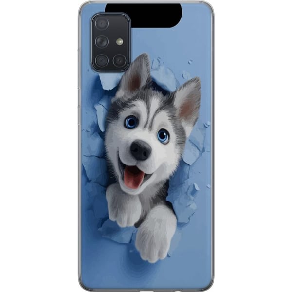 Kompatibelt Mobildeksel til Samsung Galaxy A71 Søt huskyvalp med store blå øyne titter frem gjennom en ødelagt vegg i myk 3D-stil, noe som skaper et Kompatibelt Mobildeksel til Samsung Galaxy A71 Søt huskyvalp med store blå øyne titter frem gjennom en ødelagt vegg i myk 3D-stil, noe som skaper et