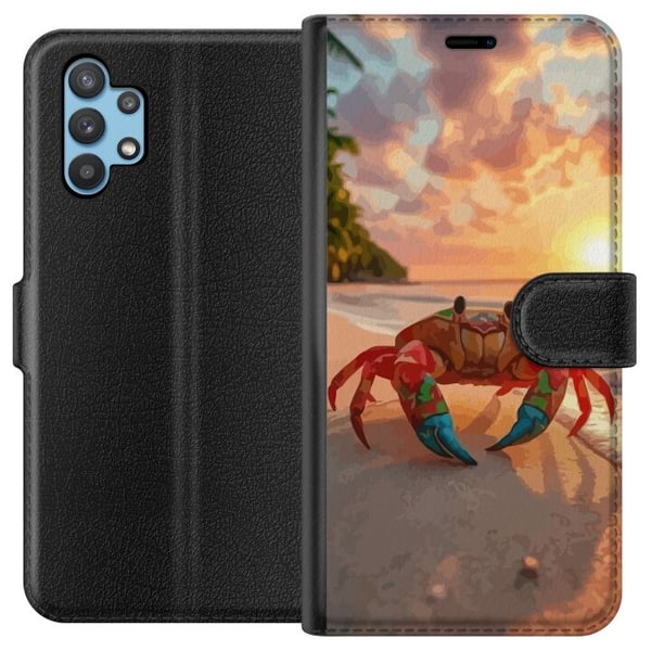 Kompatibelt Plånboksfodral till Samsung Galaxy A32 5G Tropisk strandkrabba färgglad design med solnedgång hav vågor och varm semesterkänsla inspirera