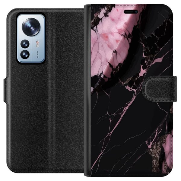 Yhteensopiva Lompakkokotelo Xiaomi 12 Pro Musta ja vaaleanpunainen marmorikuvio, jossa on voimakkaita kontrasteja, teräviä halkeamalinjoja ja kiillot