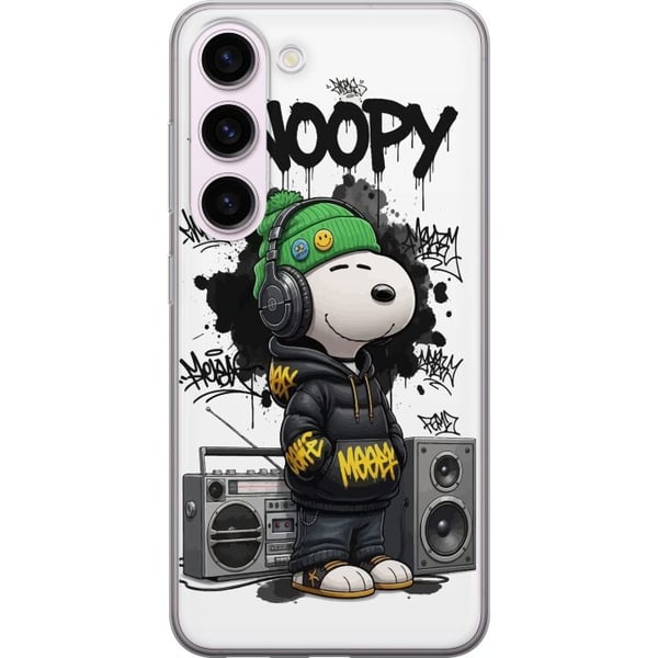 Kompatibel Mobilcover til Samsung Galaxy S23 Snoopy i streetwear med høretelefoner og graffiti-stil står ved siden af en boombox og smiler stort, et Kompatibel Mobilcover til Samsung Galaxy S23 Snoopy i streetwear med høretelefoner og graffiti-stil står ved siden af en boombox og smiler stort, et