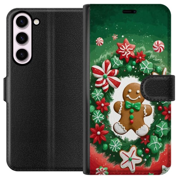Kompatibelt Plånboksfodral till Samsung Galaxy S23+ Gingerbread Wreath julmotiv med krans pepparkaka och klassisk grönröd färgton