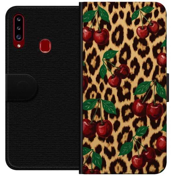Kompatibelt Plånboksfodral till Samsung Galaxy A20s Cherry leopard mönster körsbär retro rockabilly pinup style cherry print leopard bakgrund fashion
