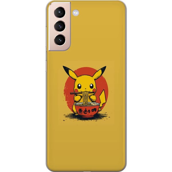 Kompatibel Mobilcover til Samsung Galaxy S21 Pikachu, der spiser ramen i japansk animeinspireret stil mod en gul baggrund, et sjovt moderne motiv for