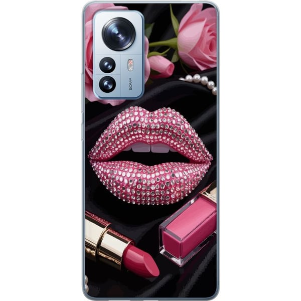 Yhteensopiva Puhelinkuori Xiaomi 12 Pro vaaleanpunainen glitter huulet meikki timantit ruusut kynsilakka muoti glamour kauneus juliste vaaleanpunaise