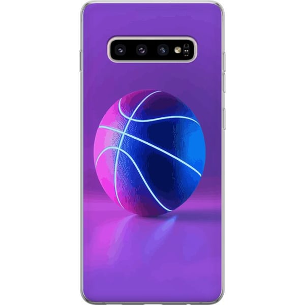 Kompatibelt Mobilskal till Samsung Galaxy S10+ Basket ball poster neon basketboll sport glowing purple blue retro court athlete sports design art