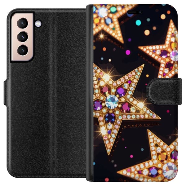 Kompatibelt Lommeboketui til Samsung Galaxy S21 Gyldne glitterstjerner med krystaller og festlig lyseffekt på mørk bakgrunn, et elegant motiv for jul