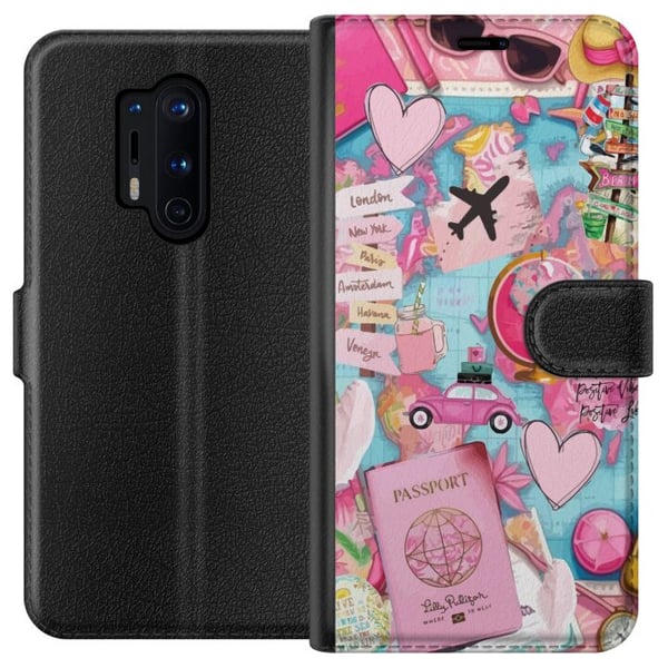 Kompatibel Tegnebogsetui til OnePlus 8 Pro Pink og turkis rejsecollage med verdenskort pas fly kameraer hjerter og destinationer moderne rejseæstetik