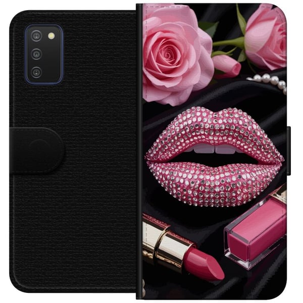 Kompatibelt Lommeboketui til Samsung Galaxy A03s rosa glitter lepper sminke diamanter roser neglelakk mote glamour skjønnhet plakat rosa lepper kunst