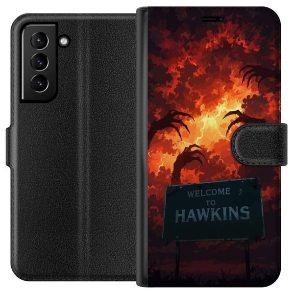 Kompatibelt Lommeboketui til Samsung Galaxy S21+ 5G Apokalyptisk scene med brennende himmel og Hawkins-skilt i Stranger Things-stemning Kompatibelt Lommeboketui til Samsung Galaxy S21+ 5G Apokalyptisk scene med brennende himmel og Hawkins-skilt i Stranger Things-stemning