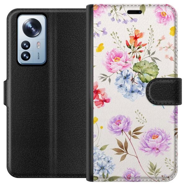 Kompatibelt Plånboksfodral till Xiaomi 12 Pro Blommigt mönster med handmålade blommor, fjärilar och insekter i romantisk skandinavisk stil, dekorativ
