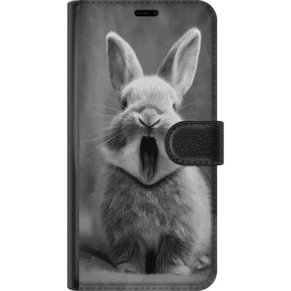 Yhteensopiva Lompakkokotelo Samsung Galaxy S22 Ultra 5G Suloinen mustavalkoinen kani istuu edestäpäin suu avoinna kuin haukotellen, mikä luo kuvaan v