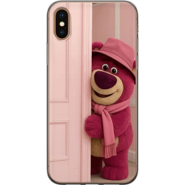 Kompatibelt Mobildeksel til Apple iPhone XS Rosa bamse med hatt og skjerf, søtt pastellfarget design fylt med kjærlighet, humor og varme