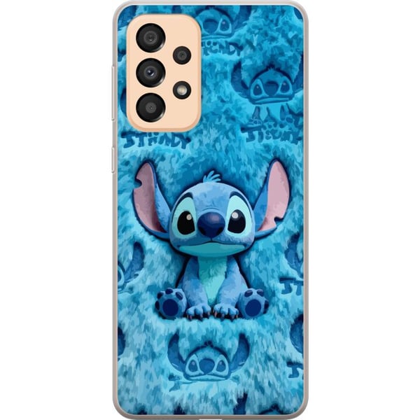 Kompatibelt Mobilskal till Samsung Galaxy A33 5G Stitch sitter på fluffigt blått mönster med sitt ansikte och öron upprepade som textur vilket skapar