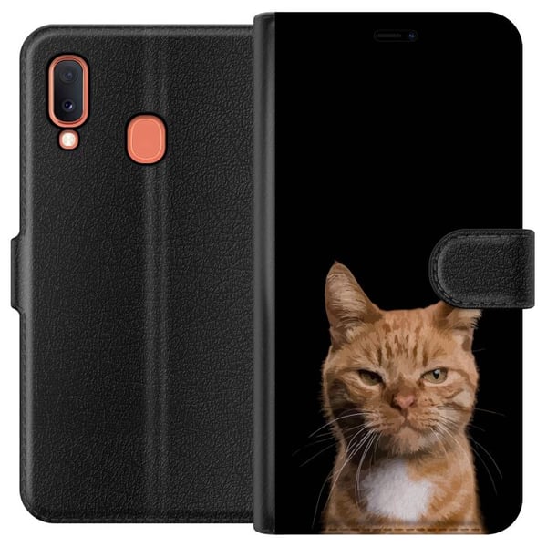 Kompatibelt Lommeboketui til Samsung Galaxy A20e Nærbilde av en oransje katt mot svart bakgrunn med sterk kontrast og et uttrykksfullt blikk Kompatibelt Lommeboketui til Samsung Galaxy A20e Nærbilde av en oransje katt mot svart bakgrunn med sterk kontrast og et uttrykksfullt blikk