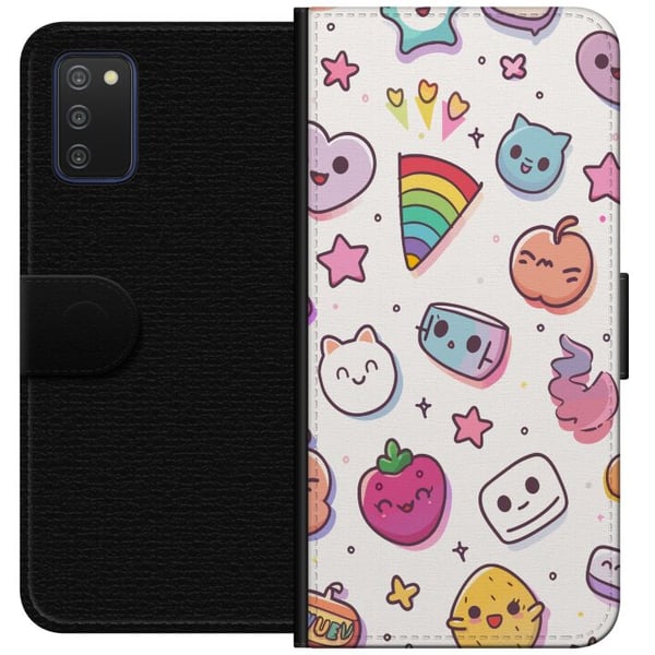 Kompatibelt Lommeboketui til Samsung Galaxy A03s Kawaii-doodle-kollasj med søte figurer, frukter, stjerner, hjerter, pastellfarger og leken tegneseri