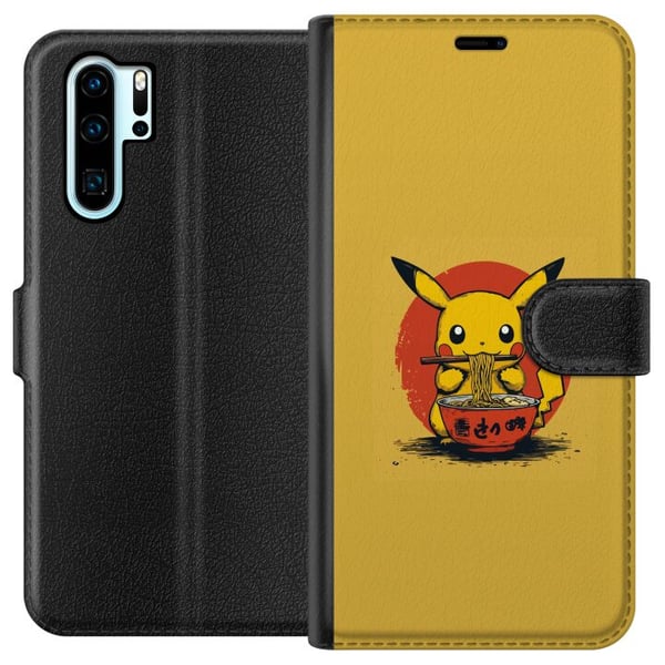 Yhteensopiva Lompakkokotelo Huawei P30 Pro Pikachu syömässä ramenia japanilaisessa animen inspiroimassa tyylissä keltaista taustaa vasten, hauska mod