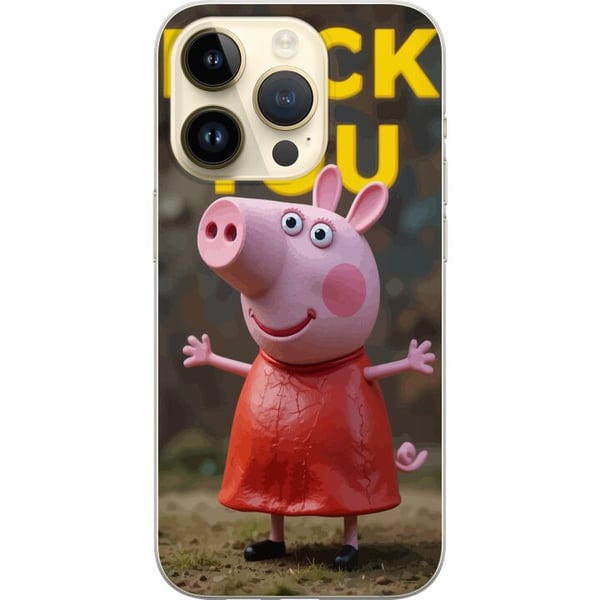 Kompatibel Mobilcover til Apple iPhone 14 Pro Sød tegnet grisefigur, der ligner Peppa Pig, i pink med trodsig positur og tydelig tekst i gult, humori