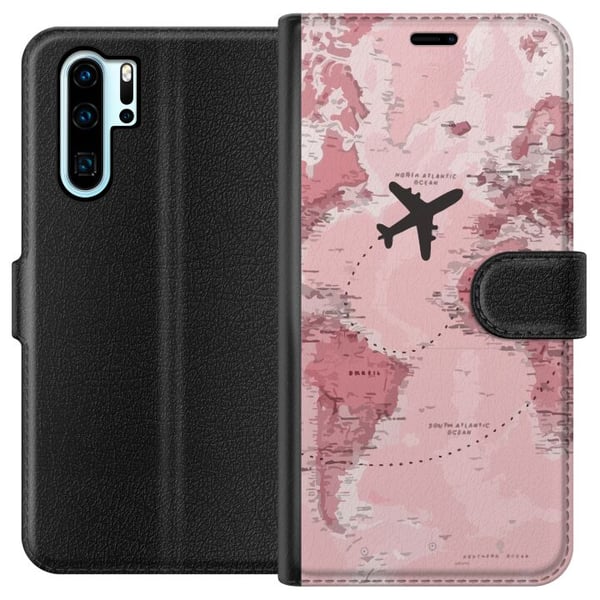 Yhteensopiva Lompakkokotelo Huawei P30 Pro Matkustus lentokone vaaleanpunainen maailmankartta – matka- ja seikkailudesign lentokoneella vaaleanpunais