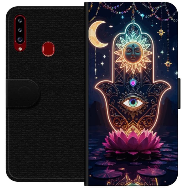 Kompatibelt Plånboksfodral till Samsung Galaxy A20s Symbolisk handillustration med öga, blomma och ljus