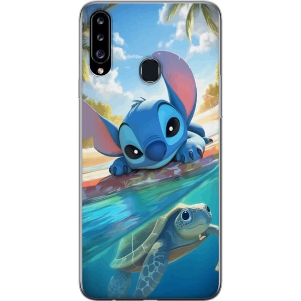 Kompatibel Mobilcover til Samsung Galaxy A20s Stitch med skildpadde - sød blå alien i tropisk strandmiljø fra Disney