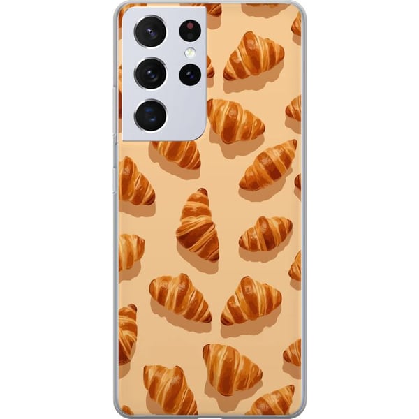 Yhteensopiva Puhelinkuori Samsung Galaxy S21 Ultra 5G Croissant-kuvio, jossa on kullanruskeita ranskalaisia leivonnaisia, beige tausta, kahvilahenkin