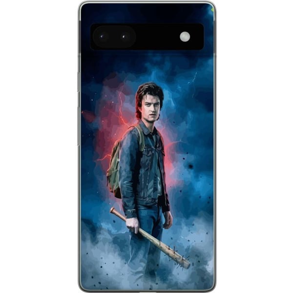 Yhteensopiva Puhelinkuori Google Pixel 6a Stranger Things -muotokuva, jossa on pesäpallomaila, salamoita ja dramaattinen tausta