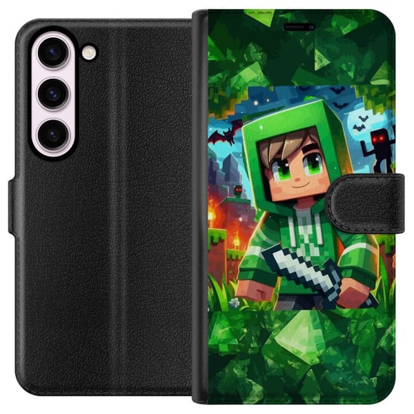 Yhteensopiva Lompakkokotelo Samsung Galaxy S23 Minecraft-pelaajapoika vihreässä hupparissa – piirretty Minecraft-poika, jolla on miekka, pikseleitä j