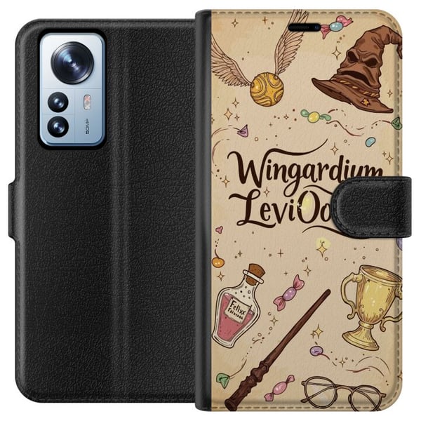 Kompatibel Tegnebogsetui til Xiaomi 12 Pro Harry Potter Wingardium Leviosa-illustration – magisk Harry Potter-tema med tryllestav, Snitch og hat