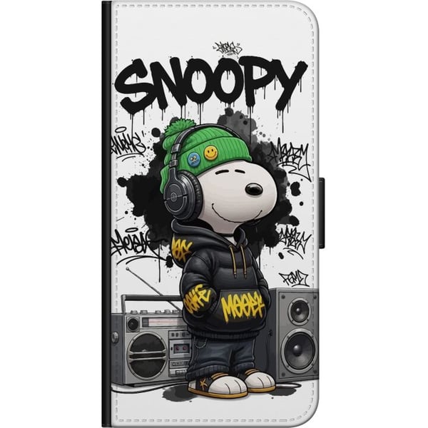 Kompatibelt Lommeboketui til Samsung Galaxy A03s Snoopy i streetwear med hodetelefoner og graffitistil står ved siden av en boombox og smiler bredt,