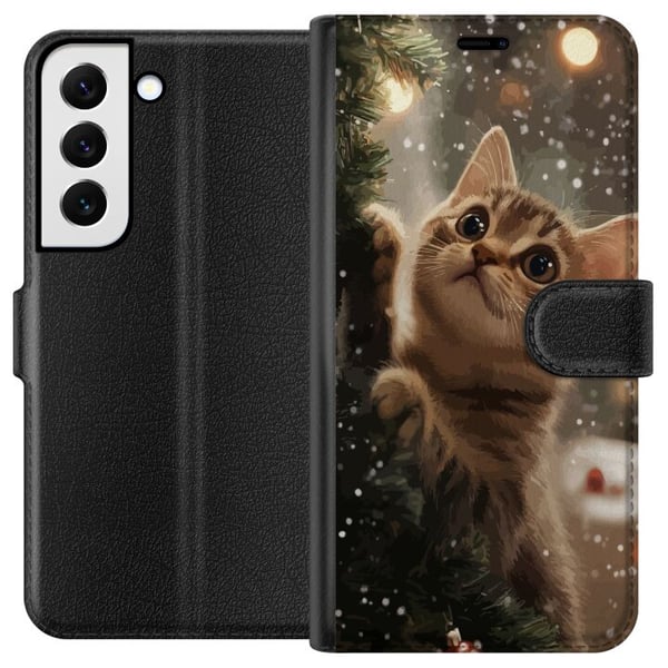 Kompatibelt Plånboksfodral till Samsung Galaxy S22 5G Katt som klättrar i julgran med snöfall mysig vinterdesign perfekt för katt och julälskare