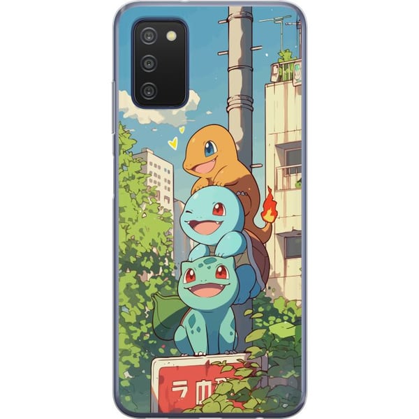 Kompatibel Mobilcover til Samsung Galaxy A03s City Trio tre glade små figurer i bymiljø med blå himmel og grønne træer, charmerende illustration