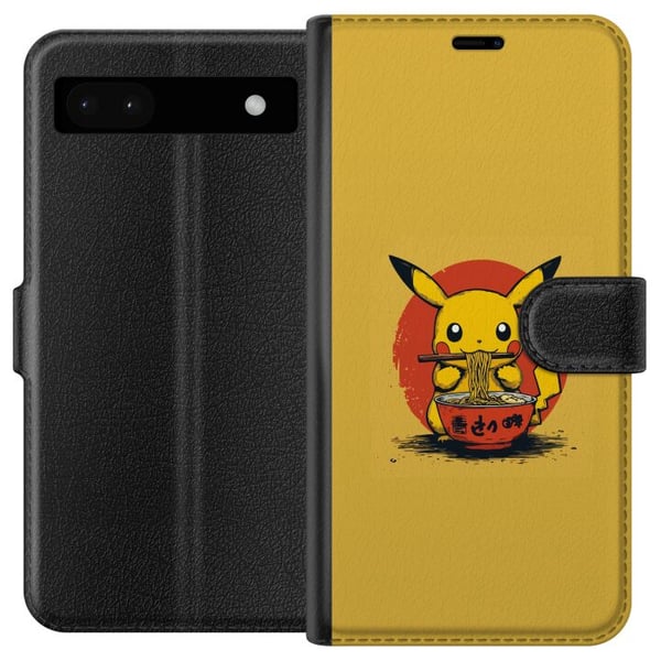 Yhteensopiva Lompakkokotelo Google Pixel 6a Pikachu syömässä ramenia japanilaisessa animen inspiroimassa tyylissä keltaista taustaa vasten, hauska mo