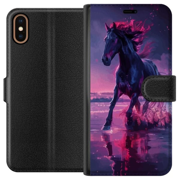 Kompatibelt Plånboksfodral till Apple iPhone X Elegant svart häst som springer genom vatten i lila och rosa ljus med magisk känsla