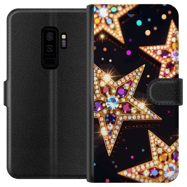Kompatibelt Lommeboketui til Samsung Galaxy S9+ Gyldne glitterstjerner med krystaller og festlig lyseffekt på mørk bakgrunn, et elegant motiv for jul Kompatibelt Lommeboketui til Samsung Galaxy S9+ Gyldne glitterstjerner med krystaller og festlig lyseffekt på mørk bakgrunn, et elegant motiv for jul