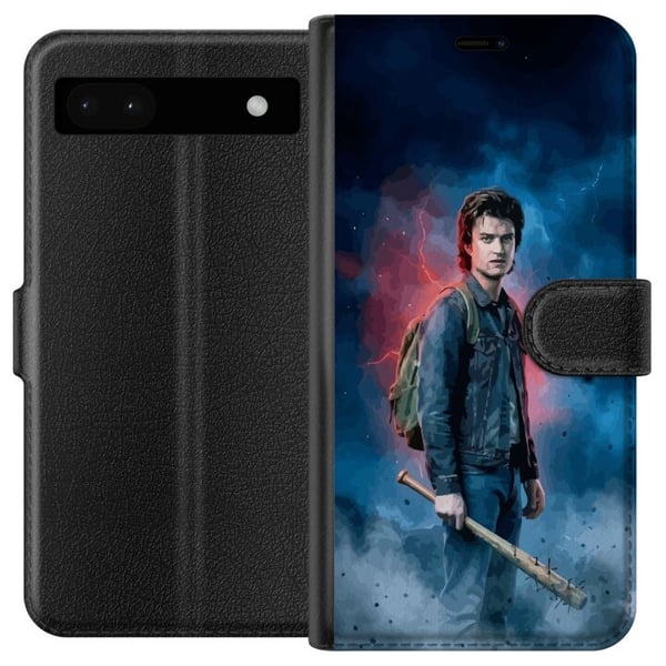Yhteensopiva Lompakkokotelo Google Pixel 6a Stranger Things -muotokuva, jossa on pesäpallomaila, salamoita ja dramaattinen tausta