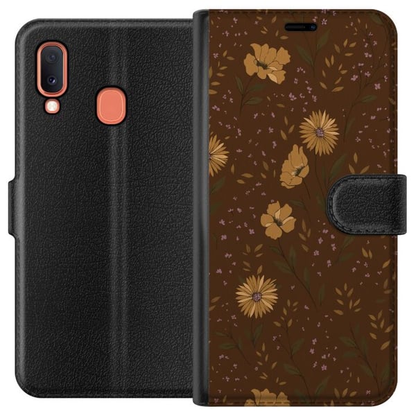 Kompatibel Tegnebogsetui til Samsung Galaxy A20e Retro blomstermønster brun baggrund blomster vintage 70’er-stil boheme tapetdesign tryk