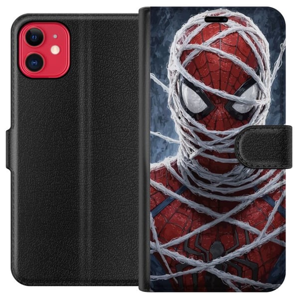 Kompatibelt Plånboksfodral till Apple iPhone 11 Spider-Man täckt av täta nätlager i dramatisk närbild som framhäver maskens struktur intensitet och k Kompatibelt Plånboksfodral till Apple iPhone 11 Spider-Man täckt av täta nätlager i dramatisk närbild som framhäver maskens struktur intensitet och k