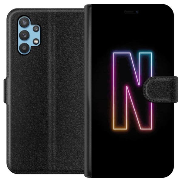 Kompatibelt Plånboksfodral till Samsung Galaxy A32 5G Minimalistisk neonbokstav N i färgskiftande ljus mot svart bakgrund Kompatibelt Plånboksfodral till Samsung Galaxy A32 5G Minimalistisk neonbokstav N i färgskiftande ljus mot svart bakgrund