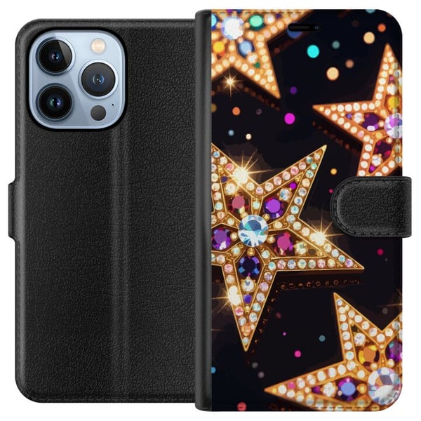 Kompatibelt Plånboksfodral till Apple iPhone 13 Pro Gyllene glitterstjärnor med kristaller och festlig ljuseffekt på mörk bakgrund ett elegant motiv