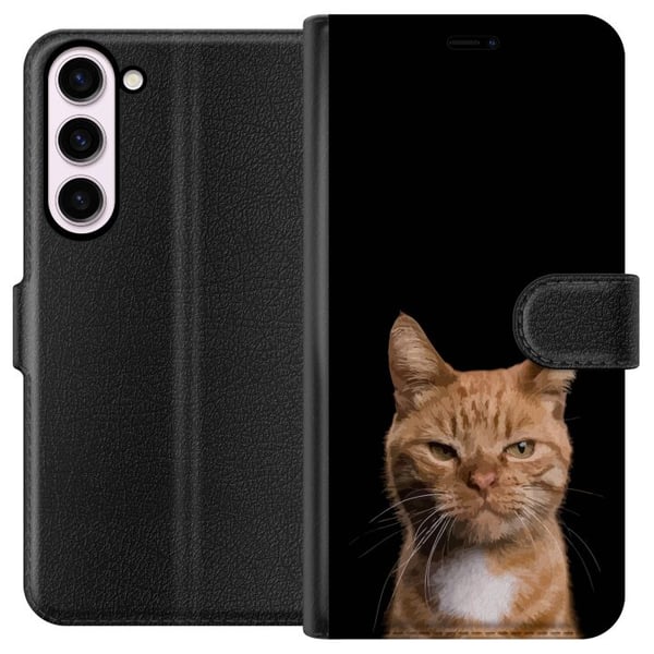 Yhteensopiva Lompakkokotelo Samsung Galaxy S23+ Lähikuva oranssista kissasta mustaa taustaa vasten, voimakas kontrasti ja ilmeikäs katse