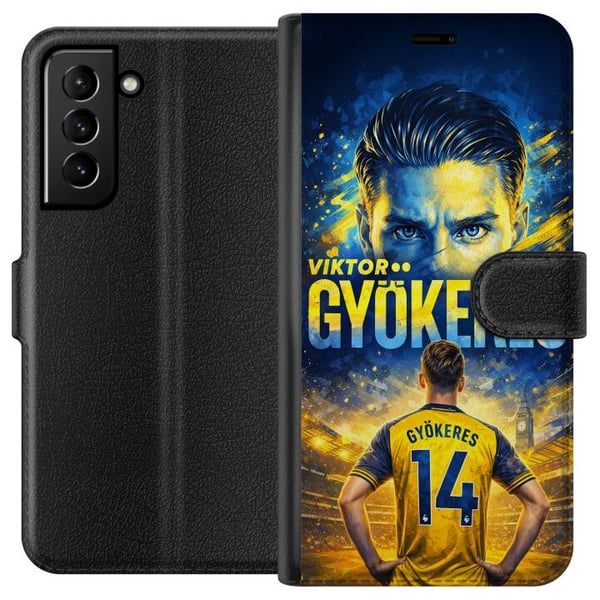 Kompatibel Tegnebogsetui til Samsung Galaxy S21+ 5G Fodboldplakat af Viktor Gyökeres i gul-blå farveskala med dramatisk stadionbaggrund, sportsillust