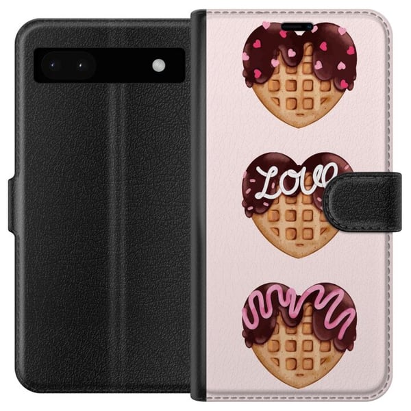 Yhteensopiva Lompakkokotelo Google Pixel 6a Sydämenmuotoiset vohvelit suklaalla, vaaleanpunaiset koristeet ja rakkausteema, suloinen jälkiruoan inspi
