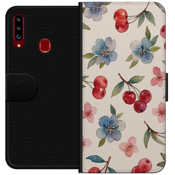 Kompatibelt Plånboksfodral till Samsung Galaxy A20s Bär & Blommor – mönster med blå blommor och skogsbär
